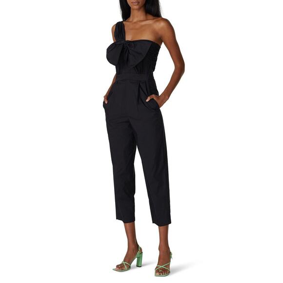 MSGM Tuta One Shoulder Ruffle Bow Pockets Jumpsuit 2 Black Ankle Cropped * Flaw - Picture 1 of 13